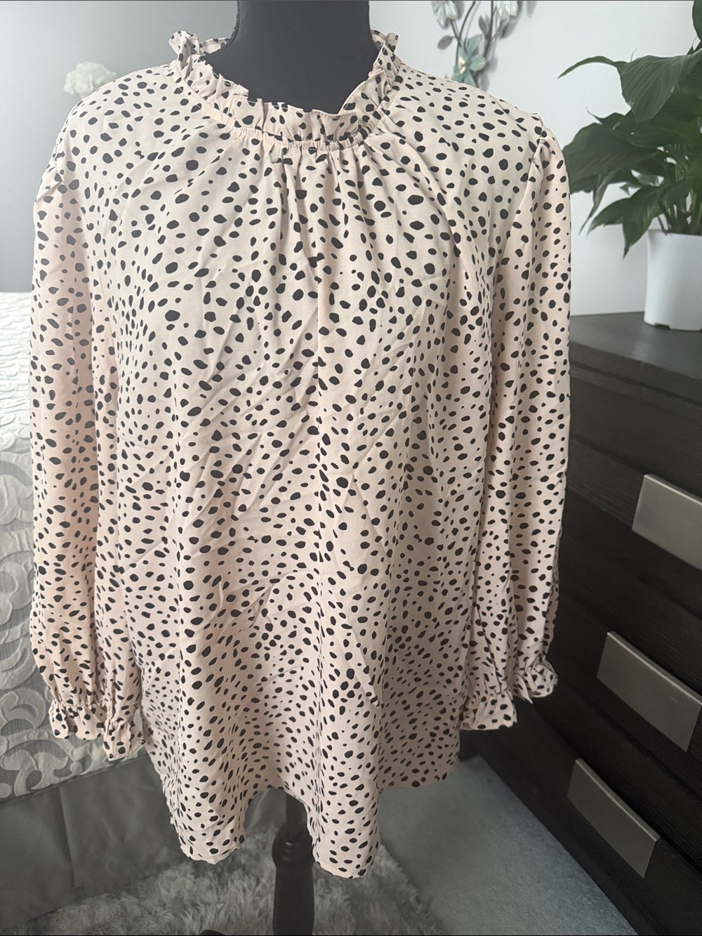 Women's Cream Long-Sleeve Ruffle Neck Blouse with Black Dot Print